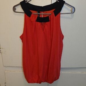 Ann Taylor Red And Black Sleeveless Pleated Blouse with Bib Collar